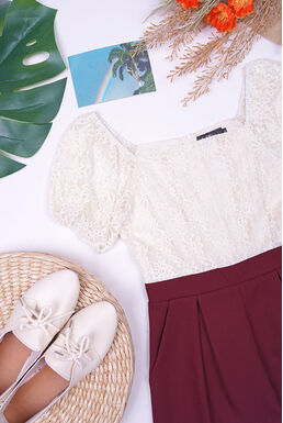 Fine Crochet Lace Puff Sleeve Pleated Playsuit (Off White + Maroon)